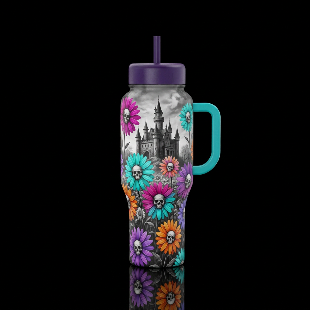 flower garden of blooming daisies where the discs ... water bottle design