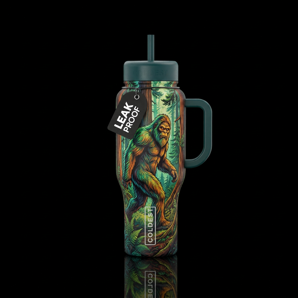 sasquatch moving through the trees, looking at you water bottle design