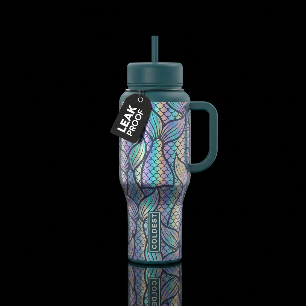multiple holographic mermaid tails filling the spa... water bottle design