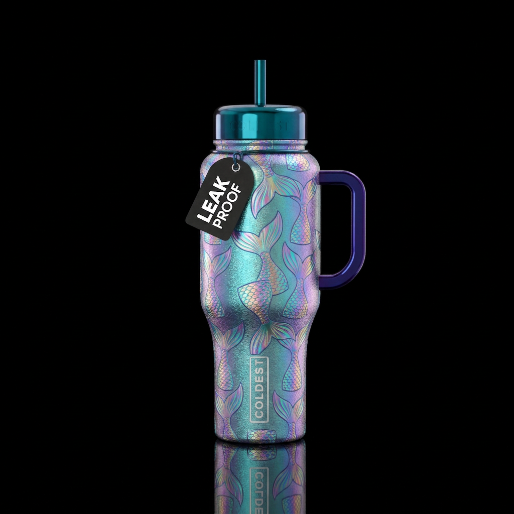 multiple holographic mermaid tails filling the spa... water bottle design