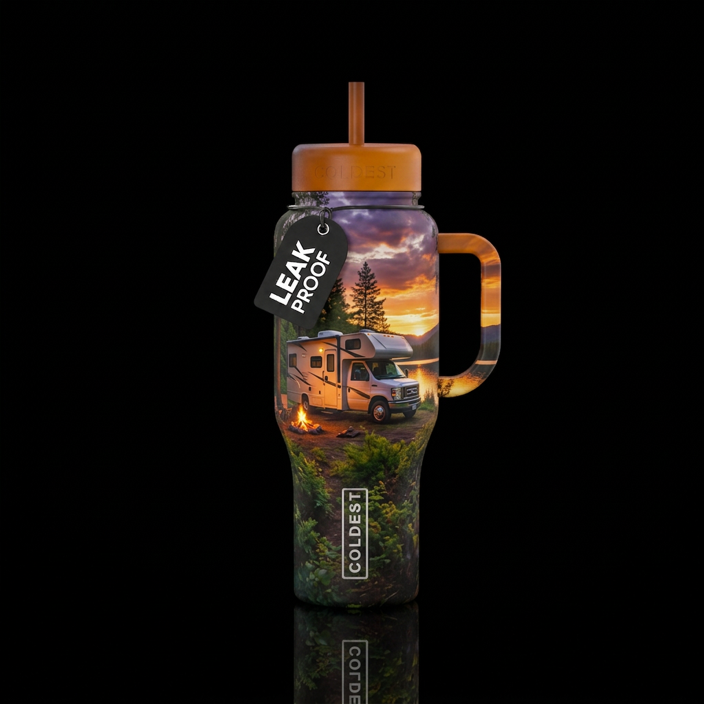 Class C RV in the woods by a lake at sunset, campf... water bottle design