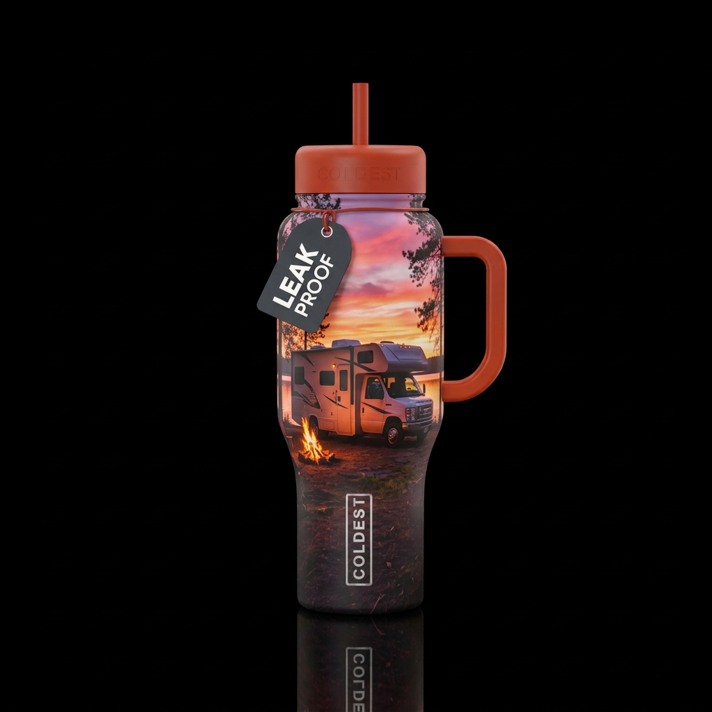 Class C RV in the woods by a lake at sunset, campf... water bottle design