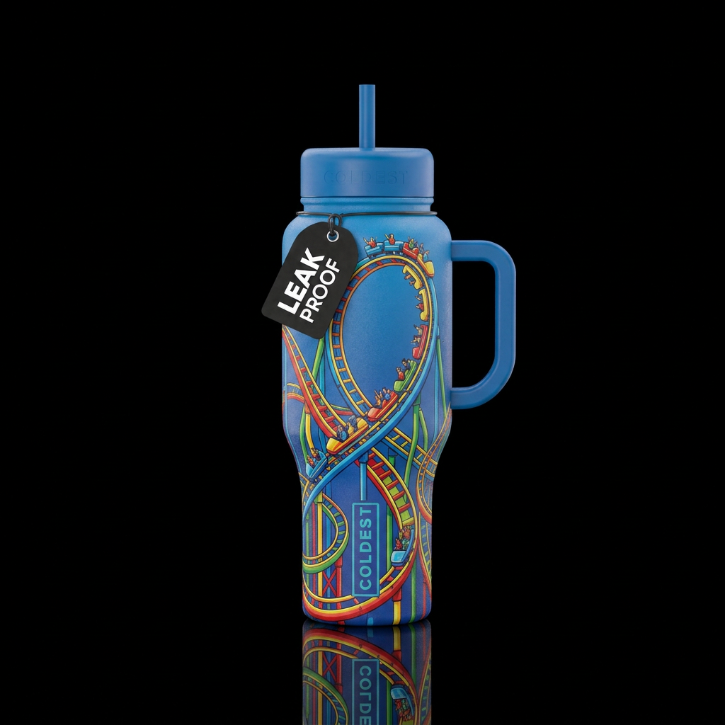 Brightly colored roller coaster circling around tu... water bottle design