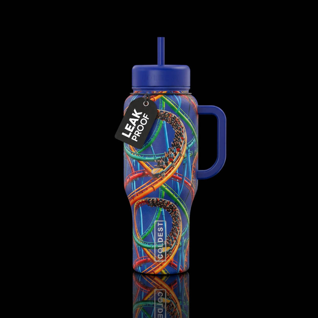 Brightly colored roller coaster circling around tu... water bottle design
