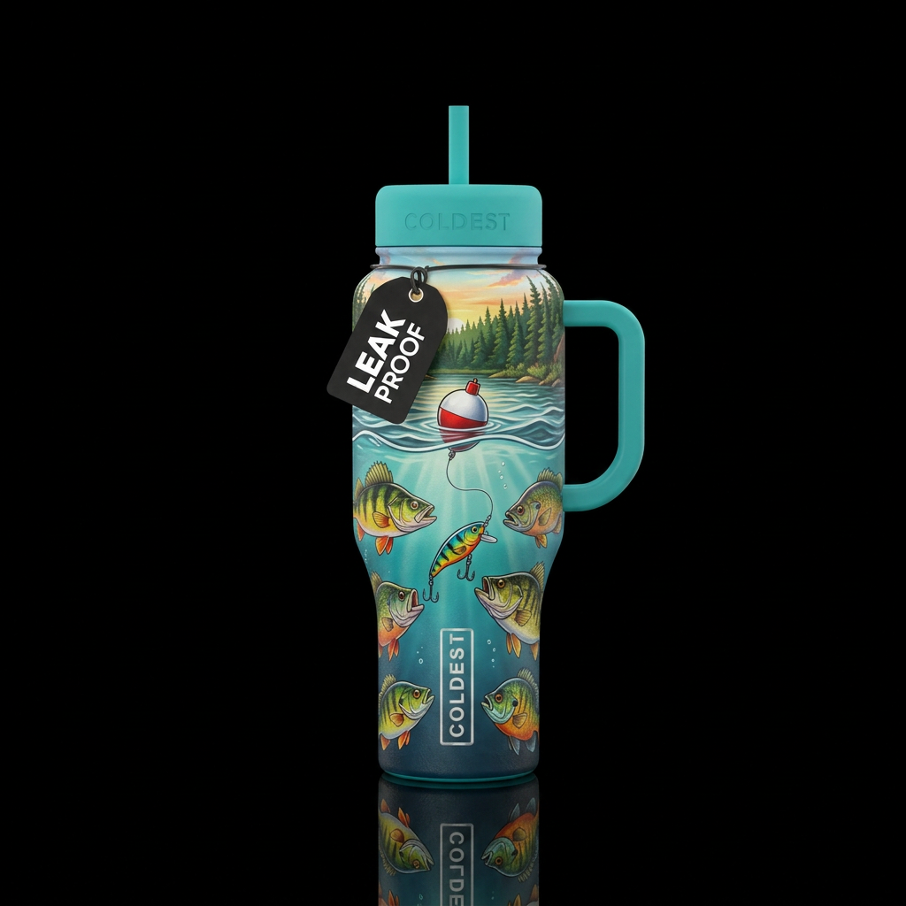 Single bobber floating on the water with lake and ... water bottle design