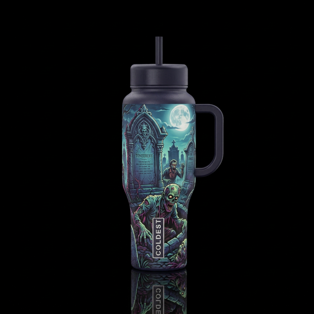 Ornate cemetery with large tombstones, zombies cra... water bottle design