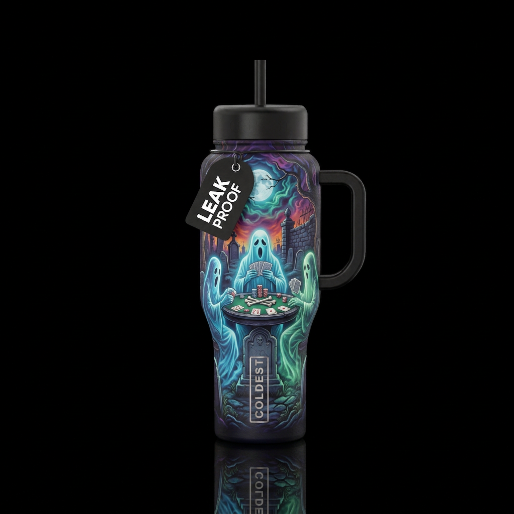 Ghosts playing poker in a cemetery water bottle design