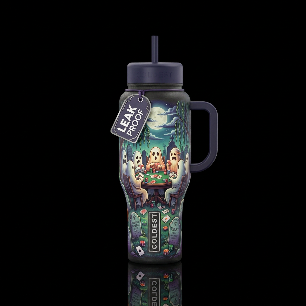 Ghosts playing poker in a cemetery water bottle design