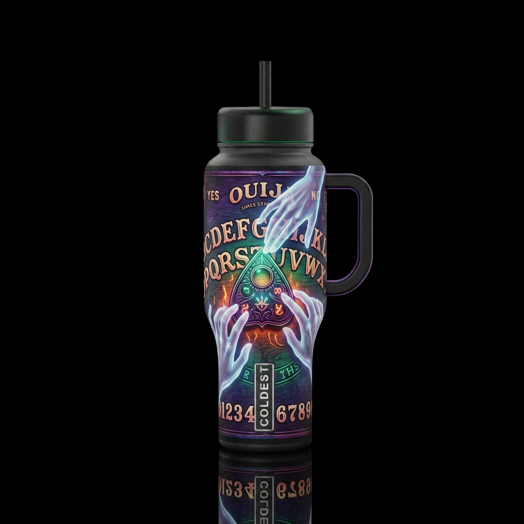 haunted ouija board with spirit hands moving the p... water bottle design