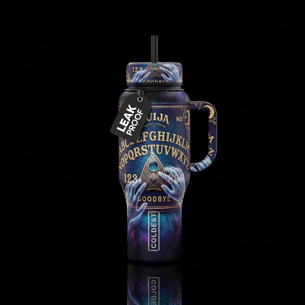 haunted ouija board with spirit hands moving the p... water bottle design