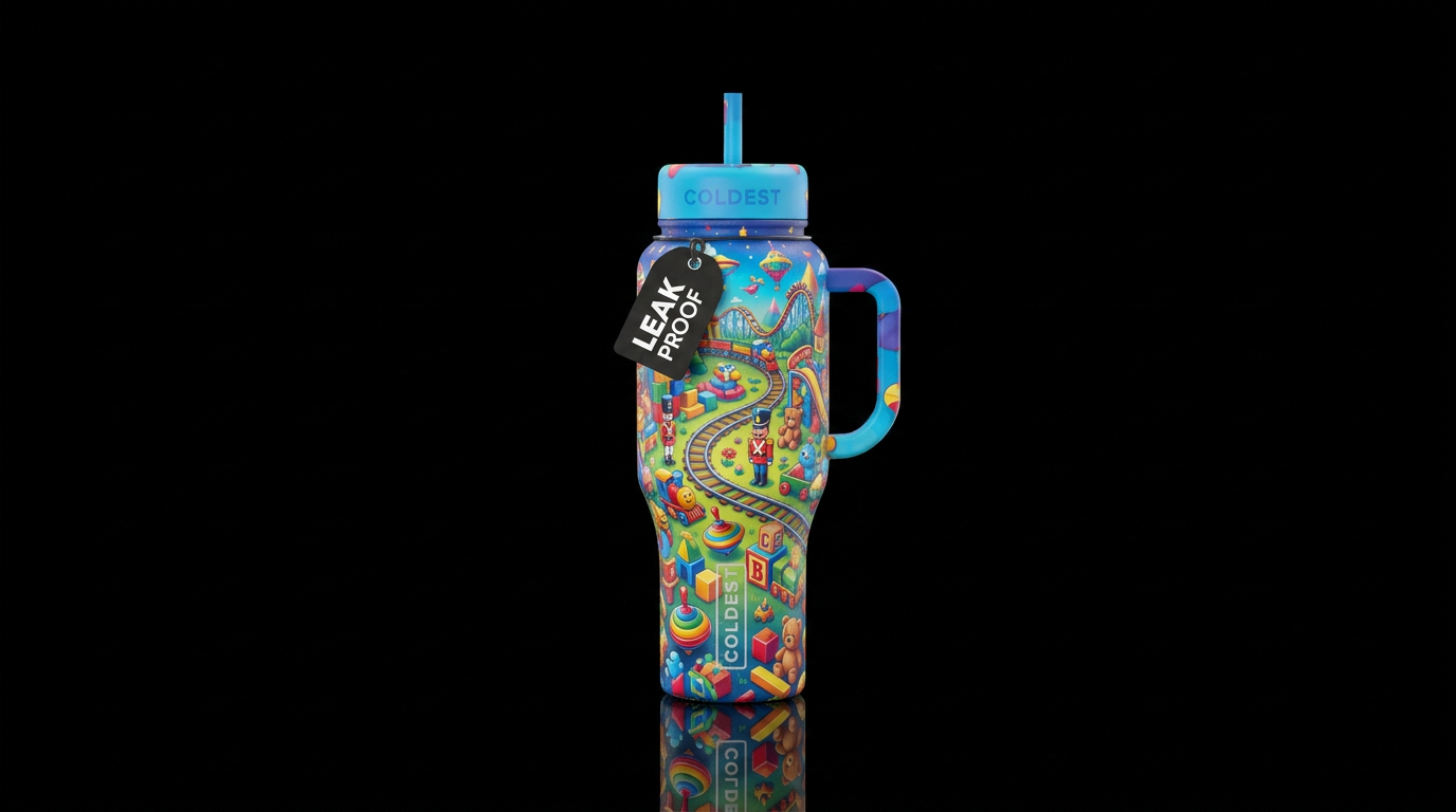 a walk through toyland, happy mood, whimsical water bottle design