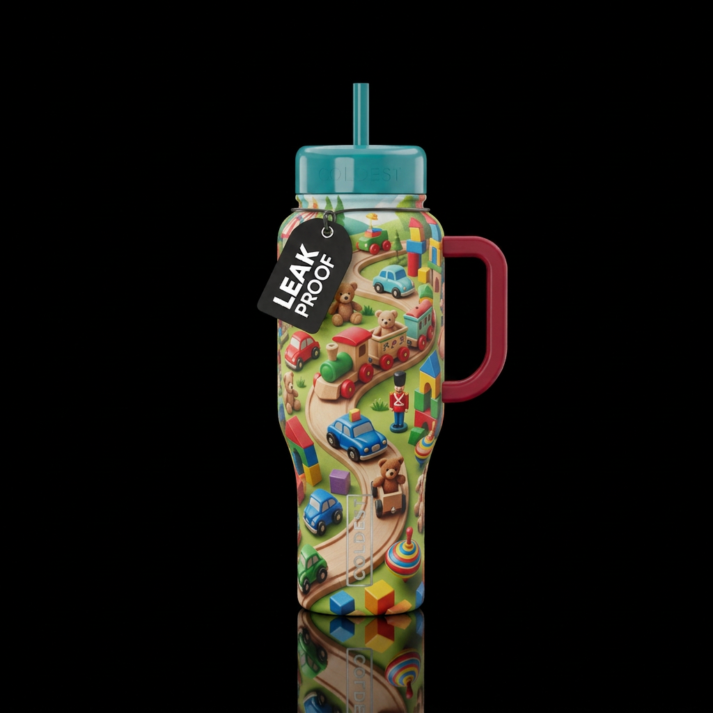 a walk through toyland, happy mood, whimsical water bottle design