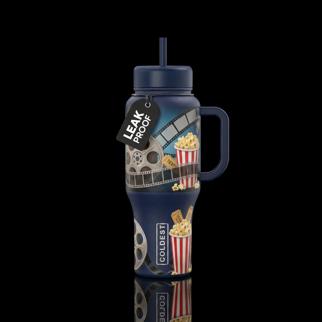 movie reels, cinema, popcorn water bottle design