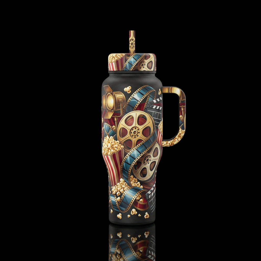 movie reels, cinema, popcorn water bottle design