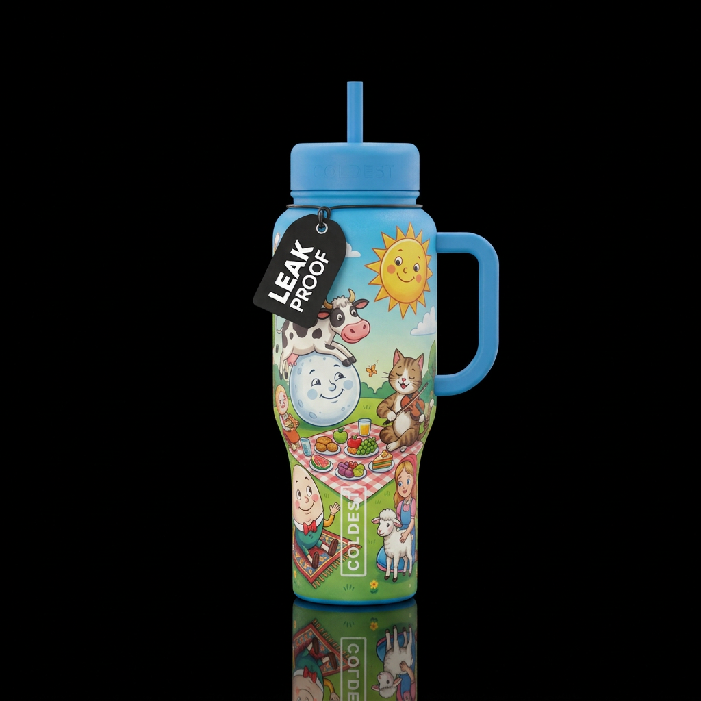 Nursery rhyme characters having a picnic, happy mo... water bottle design