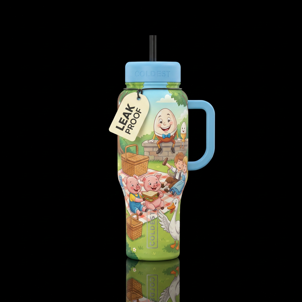 Nursery rhyme characters having a picnic, happy mo... water bottle design