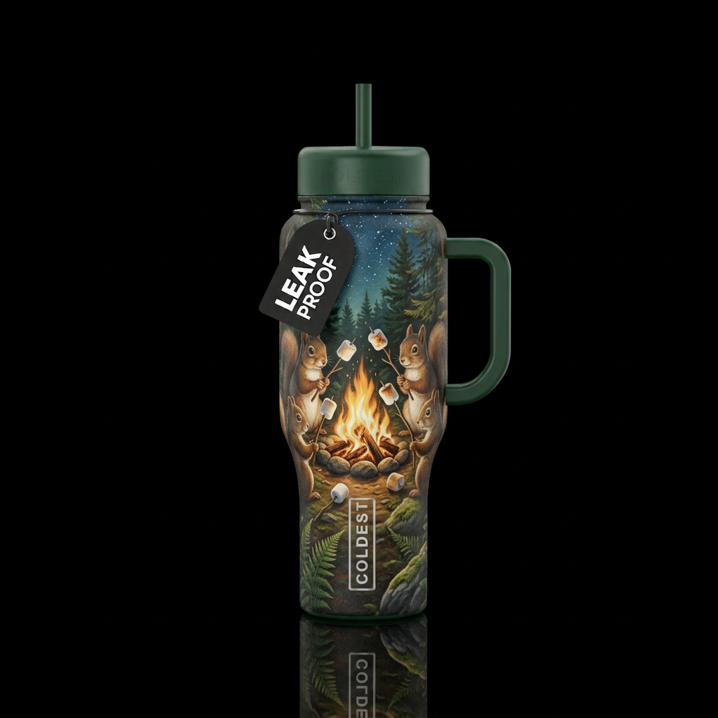 Squirrels roasting marshmallows over a forest camp... water bottle design