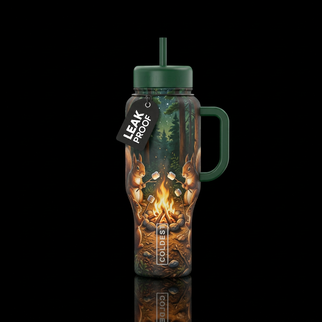 Squirrels roasting marshmallows over a forest camp... water bottle design