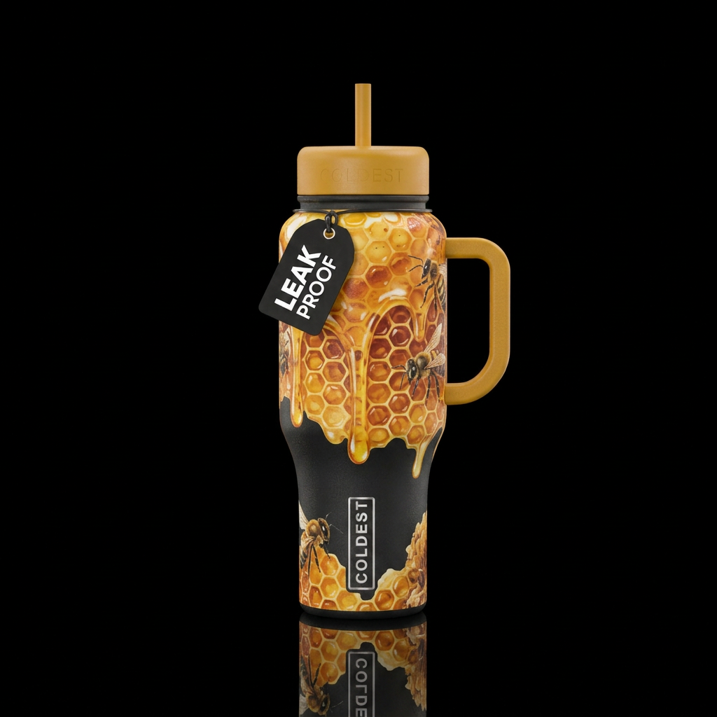 dripping honey, honeycomb, bees, apiary water bottle design