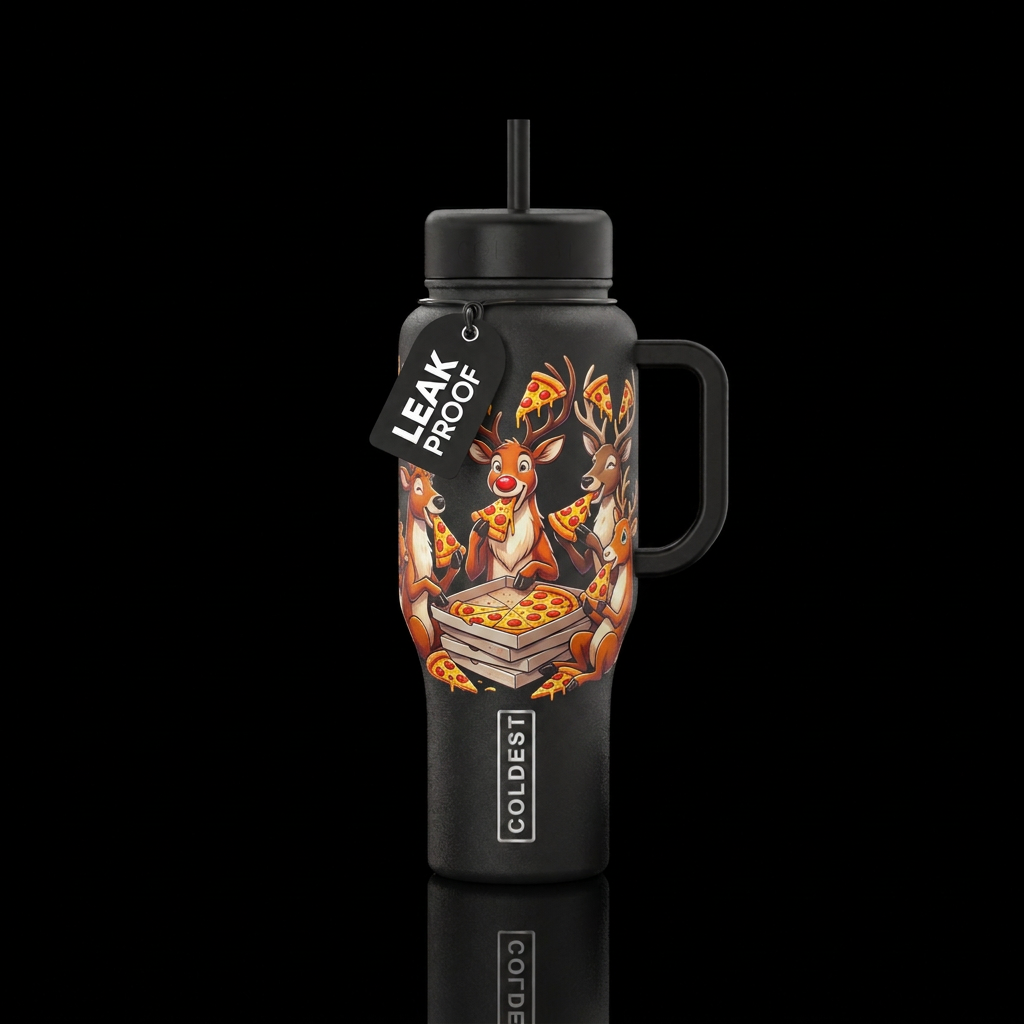 Santa's reindeer taking a pizza break, funny, happ... water bottle design