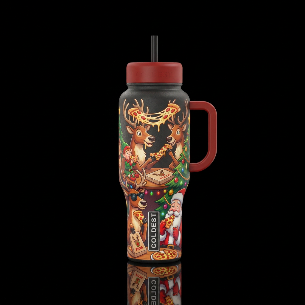 Santa's reindeer taking a pizza break, funny, happ... water bottle design