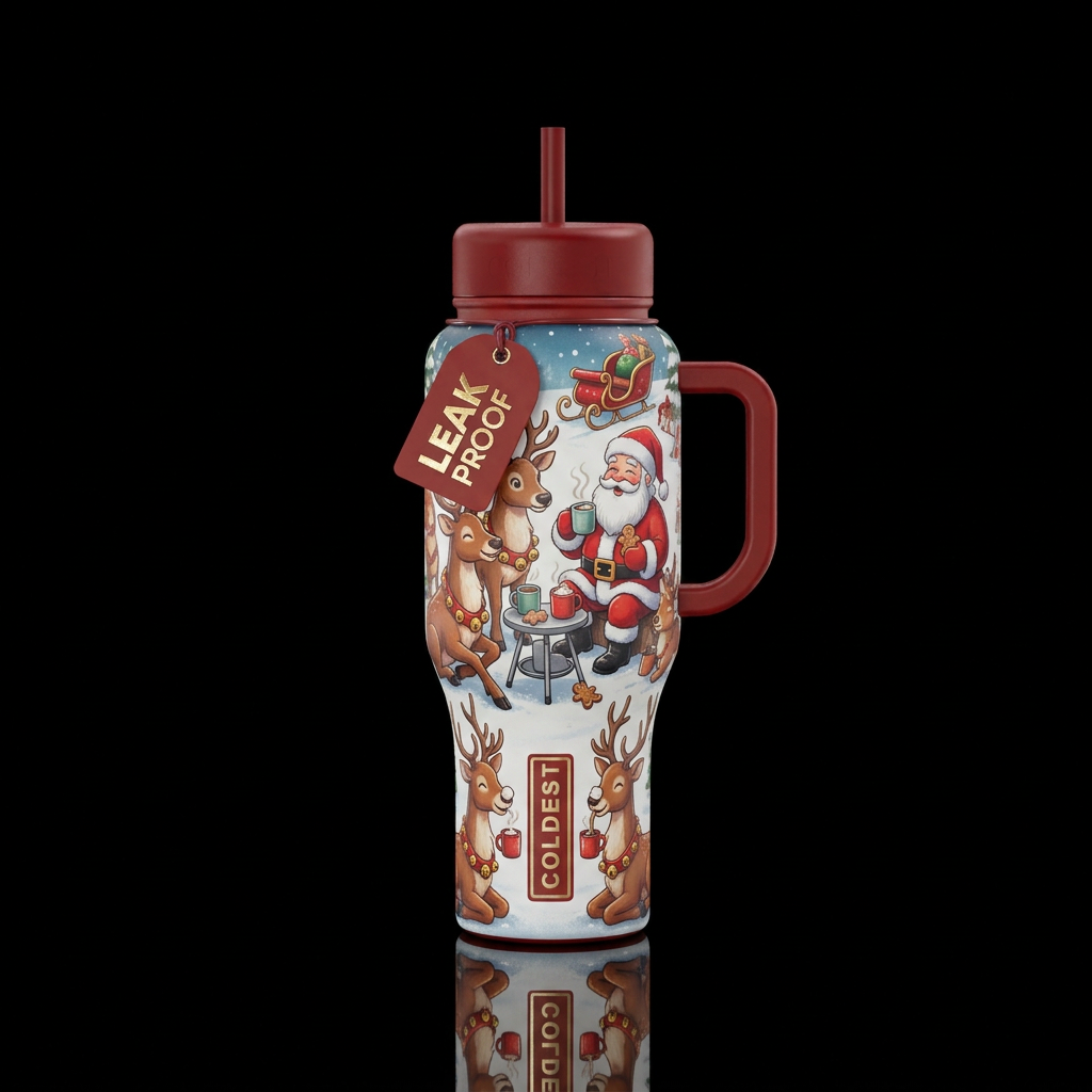 santa and his reindeer taking a hot cocoa break, h... water bottle design