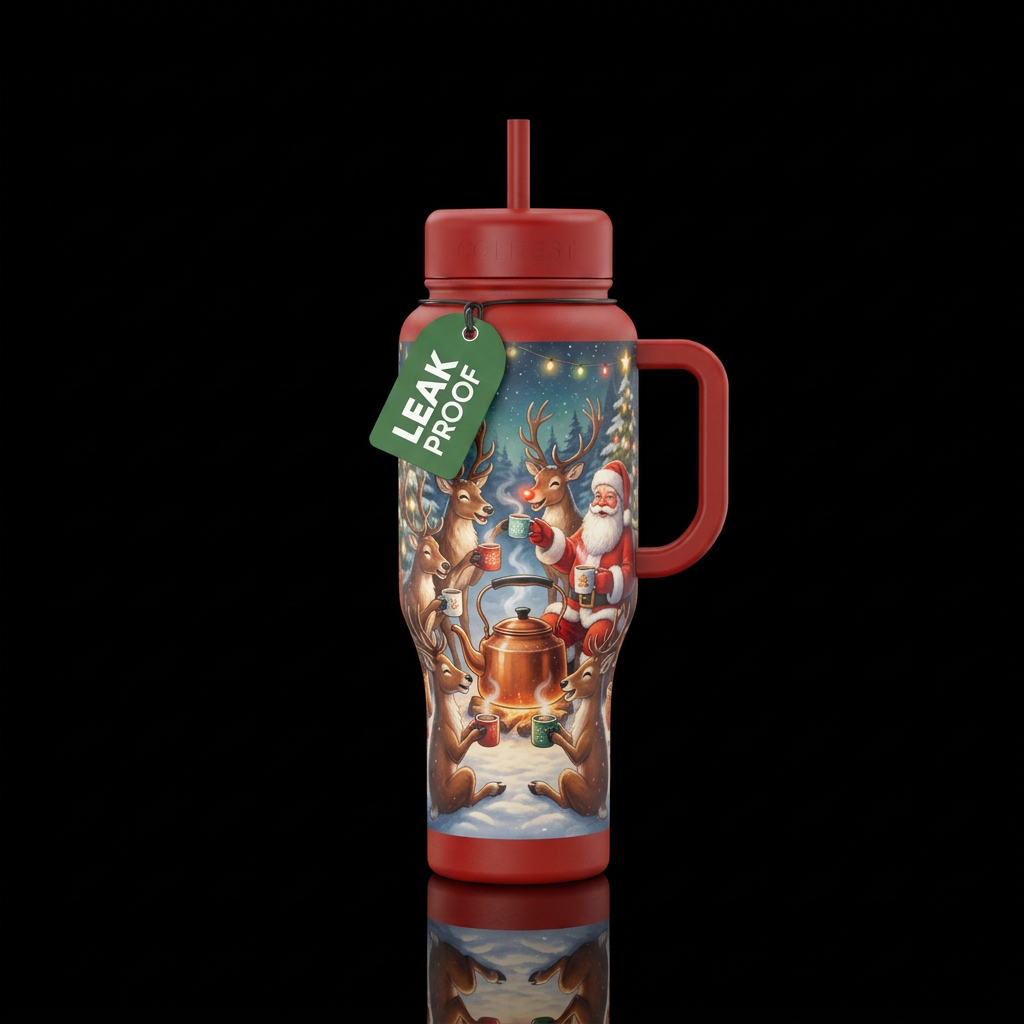 santa and his reindeer taking a hot cocoa break, h... water bottle design