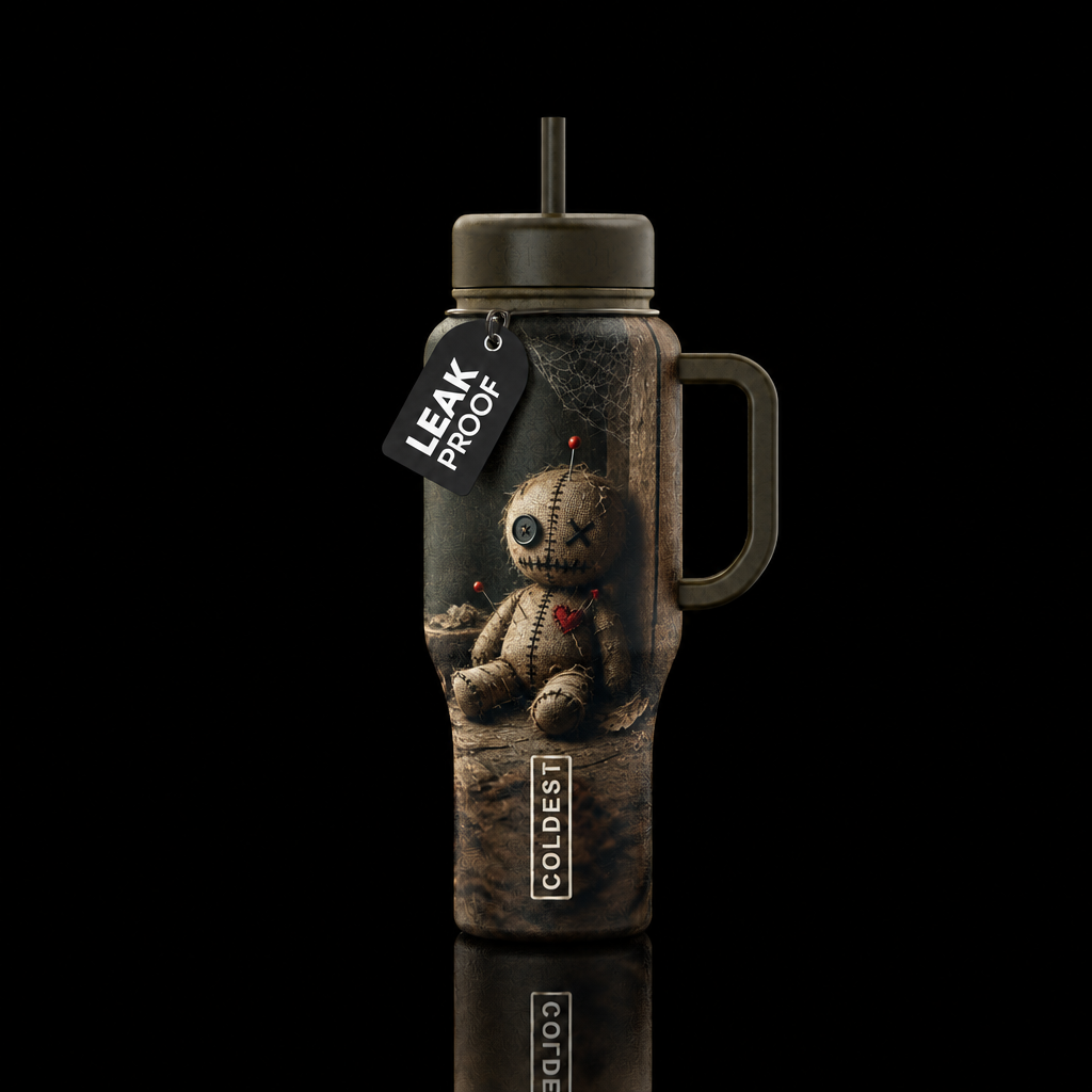 voodoo doll propped up in a dusty corner, dark moo... water bottle design