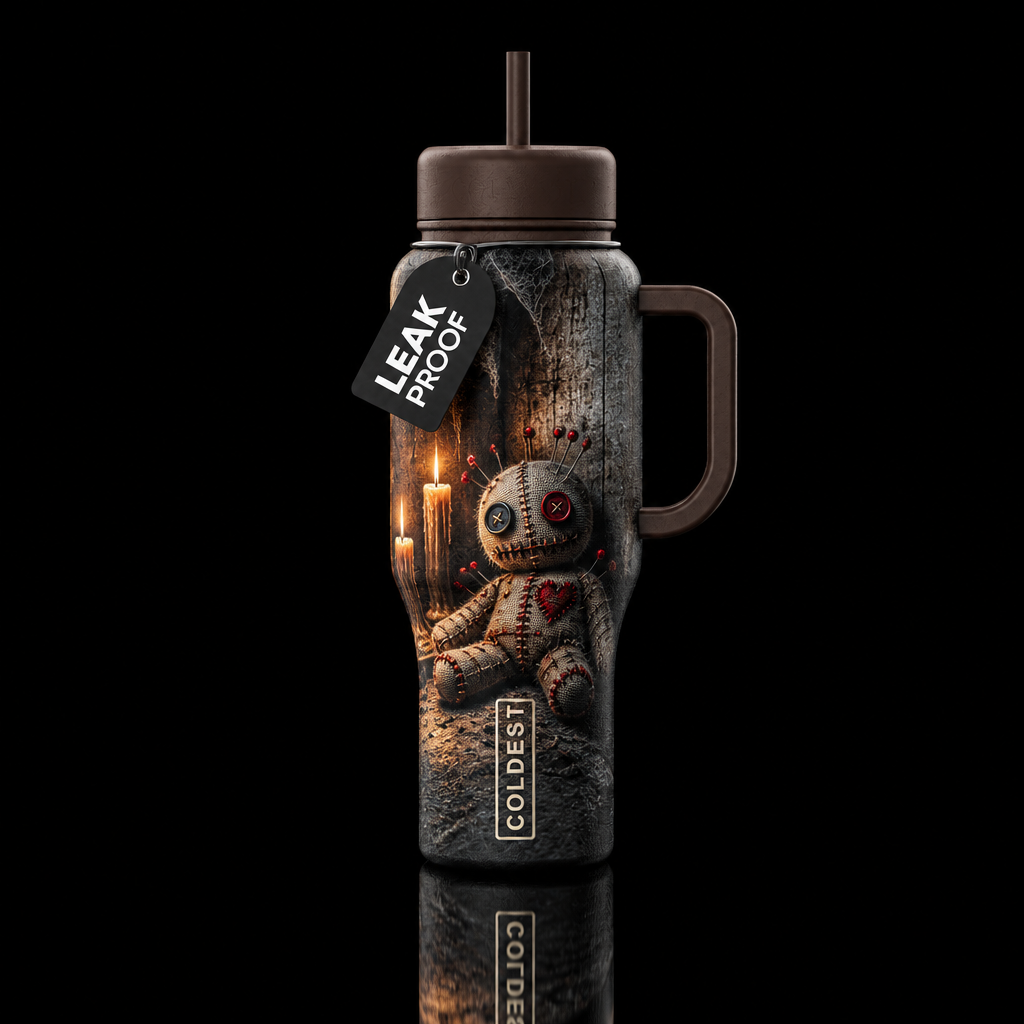 voodoo doll propped up in a dusty corner, dark moo... water bottle design