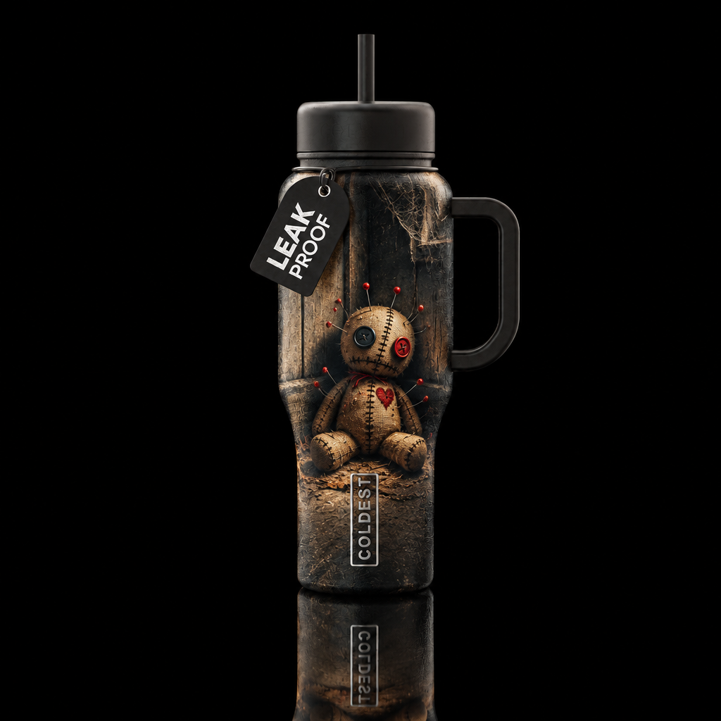 voodoo doll propped up in a dusty corner, dark moo... water bottle design