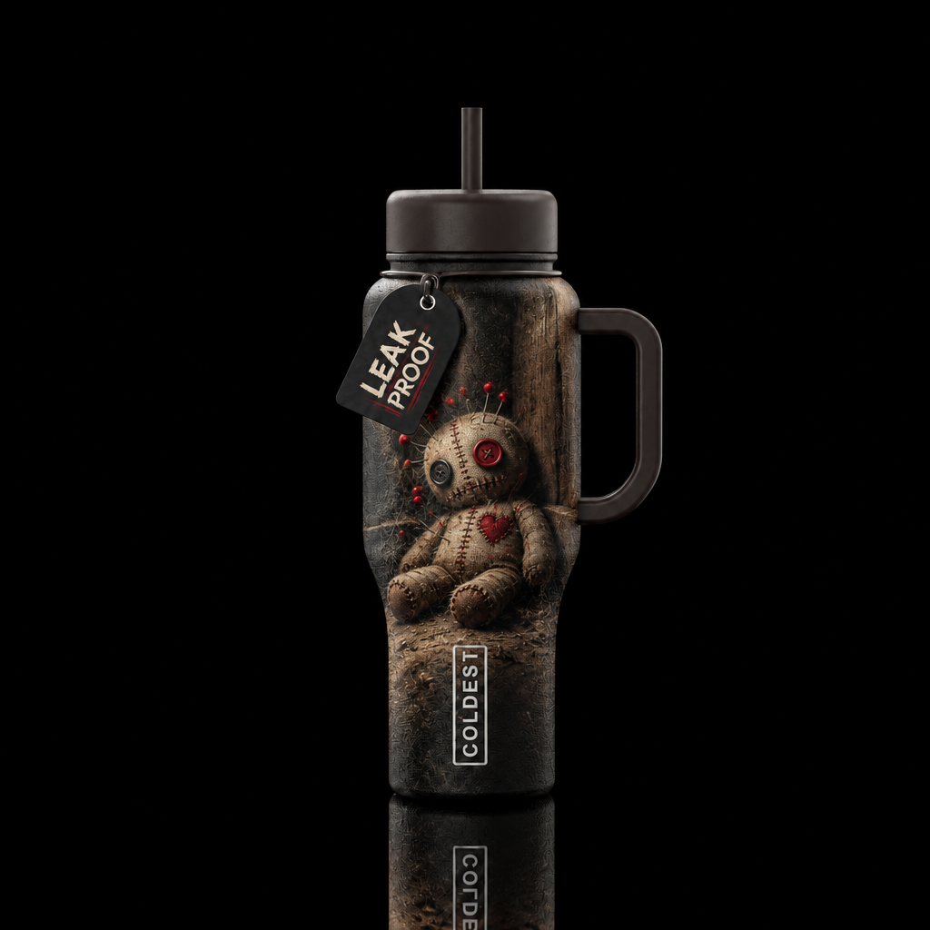 voodoo doll propped up in a dusty corner, dark moo... water bottle design