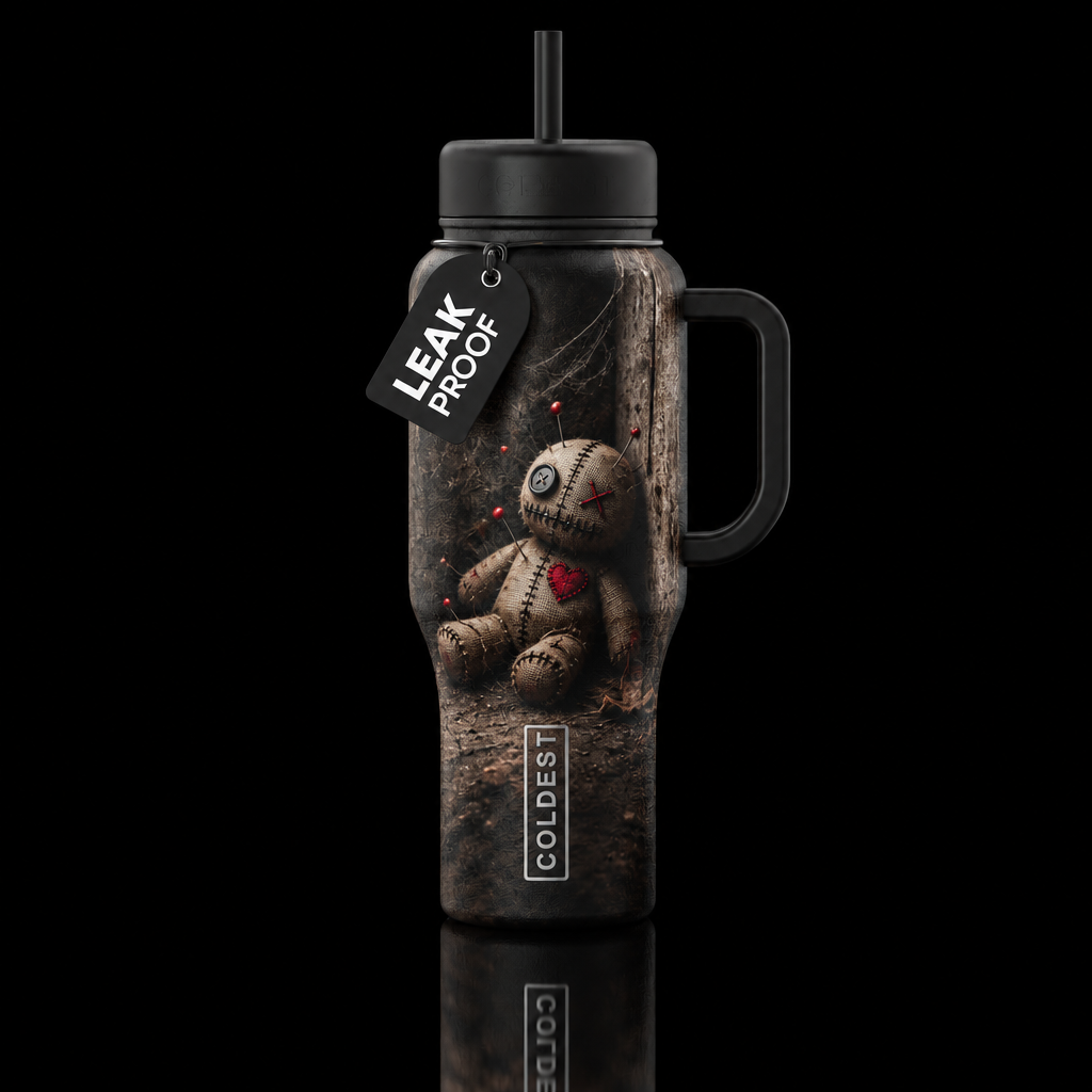 voodoo doll propped up in a dusty corner, dark moo... water bottle design