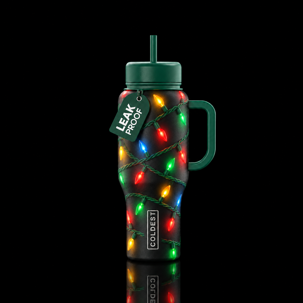 Christmas lights wrapped around water bottle design