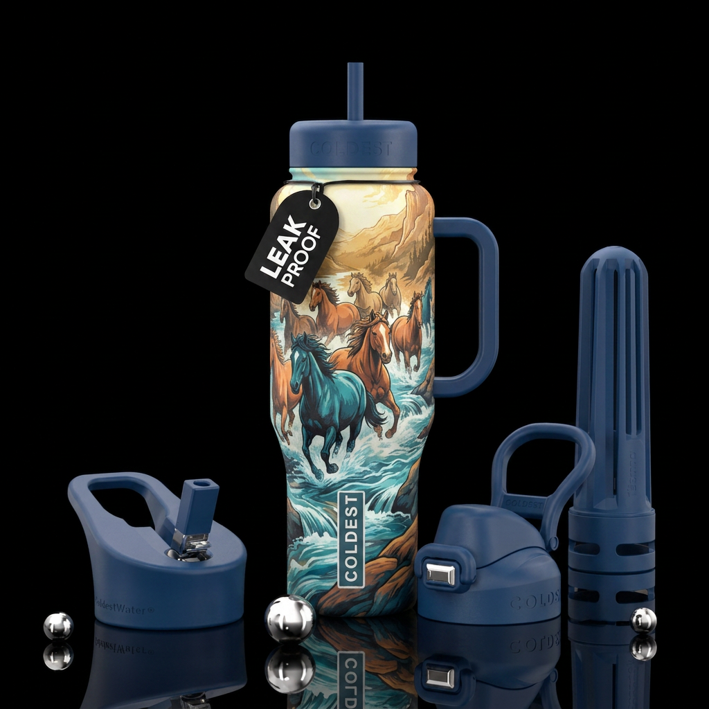 Wild horses in river water bottle design