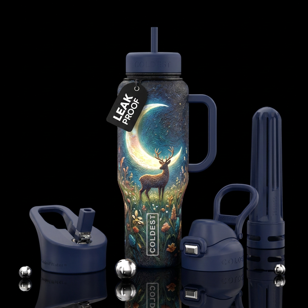 Glowing Crescent moon over a meadow with  texture ... water bottle design