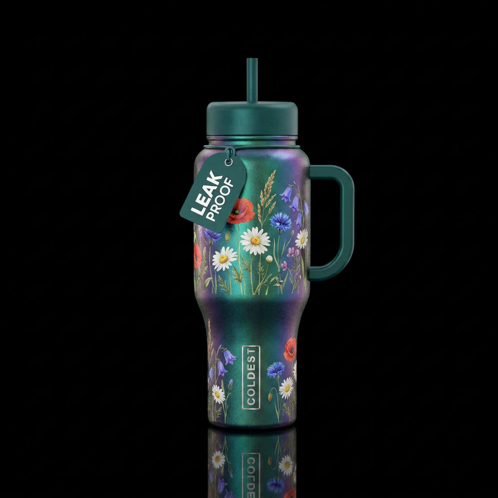 irridescent peacock green with wildflowers water bottle design