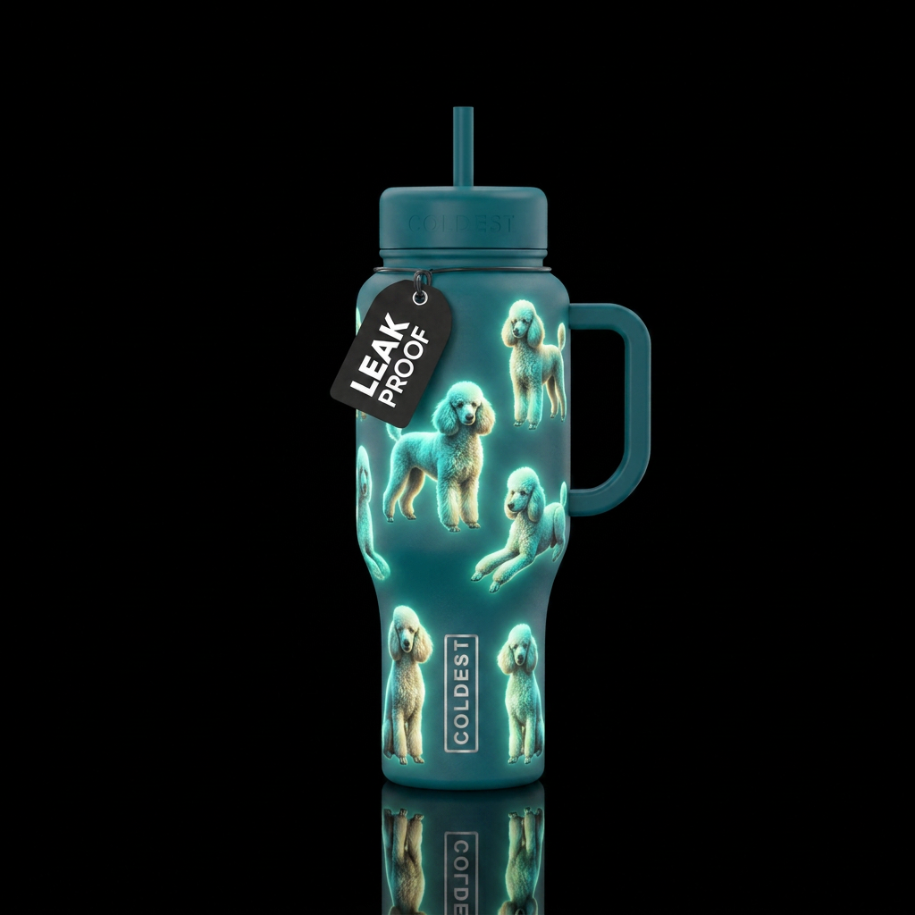 Glow in dark realistic poodles on peacock teal bac... water bottle design