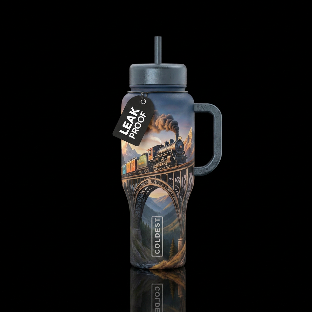 Realistic train on bridge water bottle design