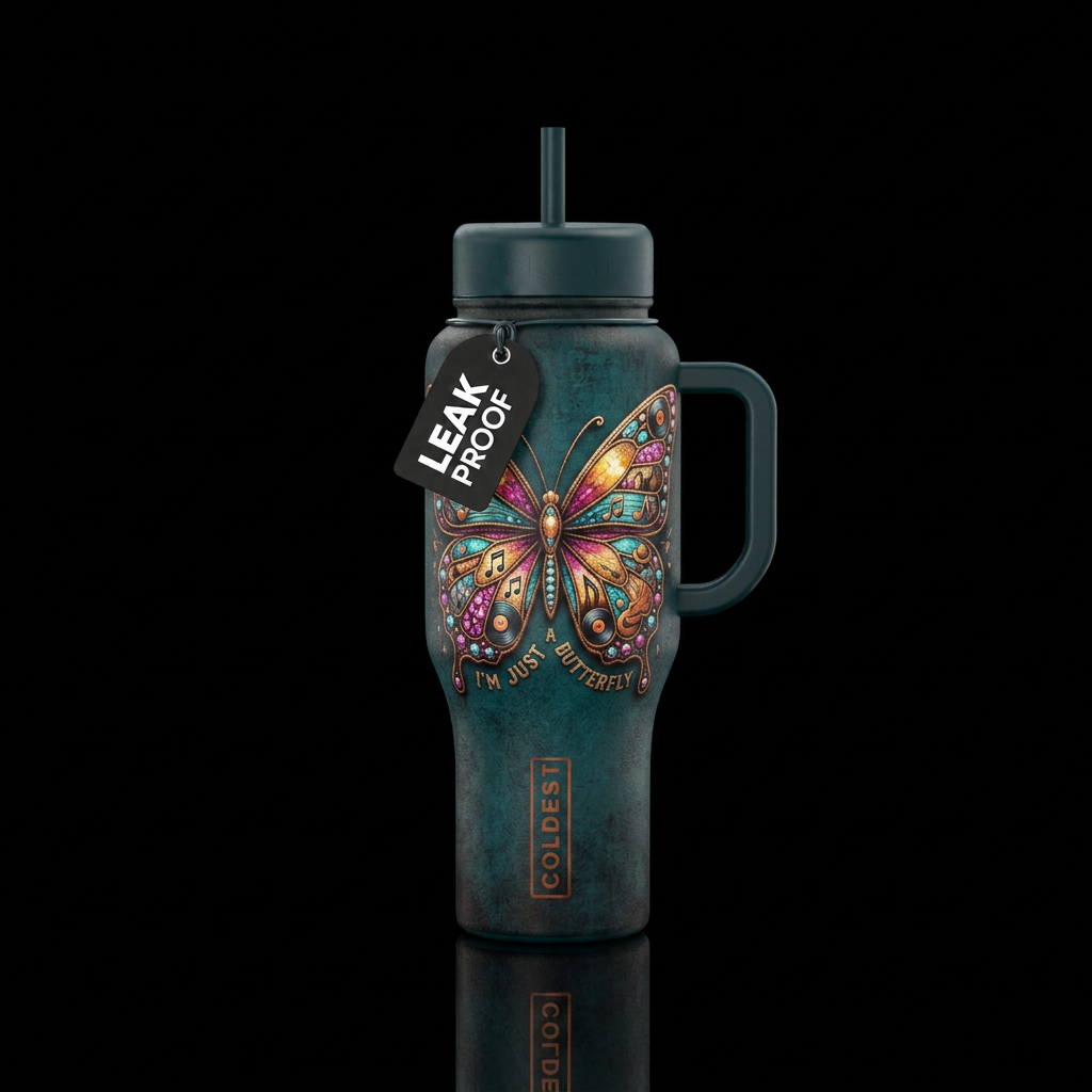 Dolly Parton butterfly, rustic water bottle design