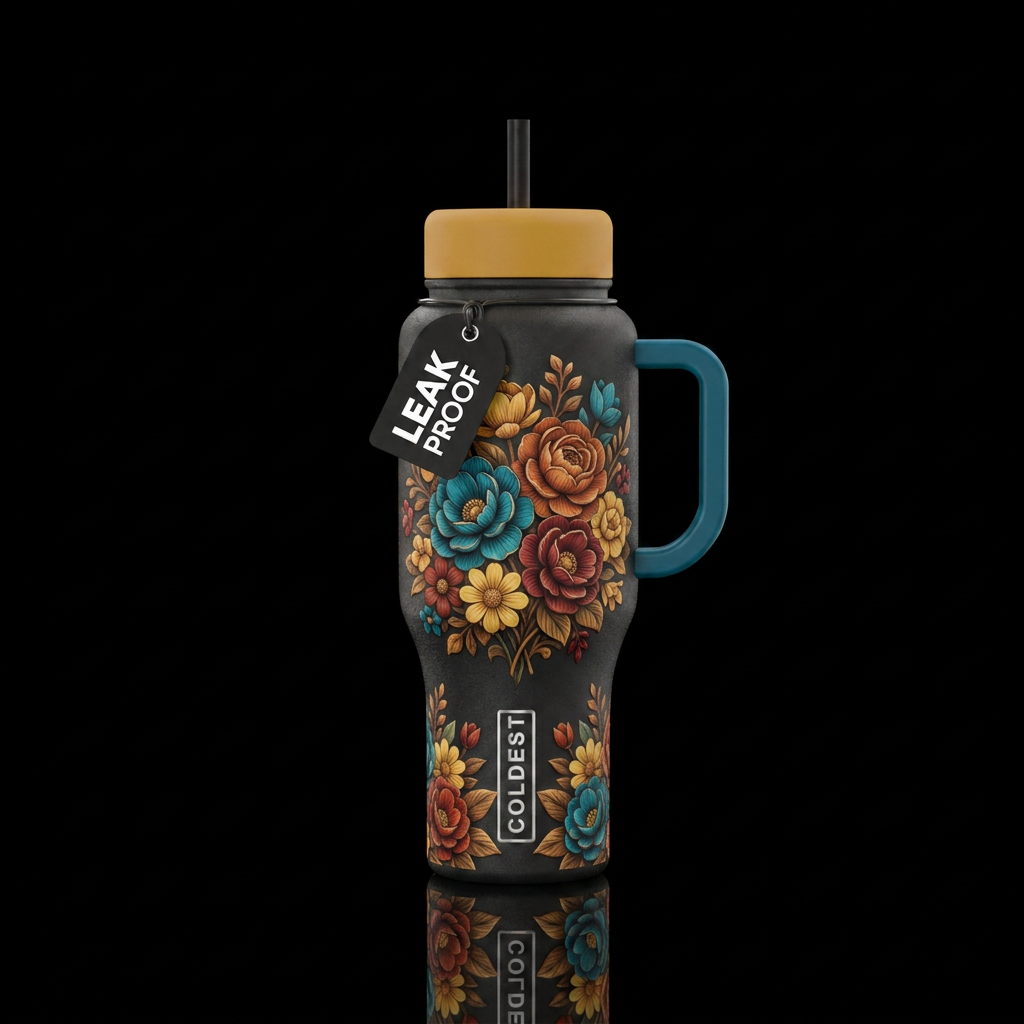 Peacock blue, rusty orange, dark yellow, dark red,... water bottle design