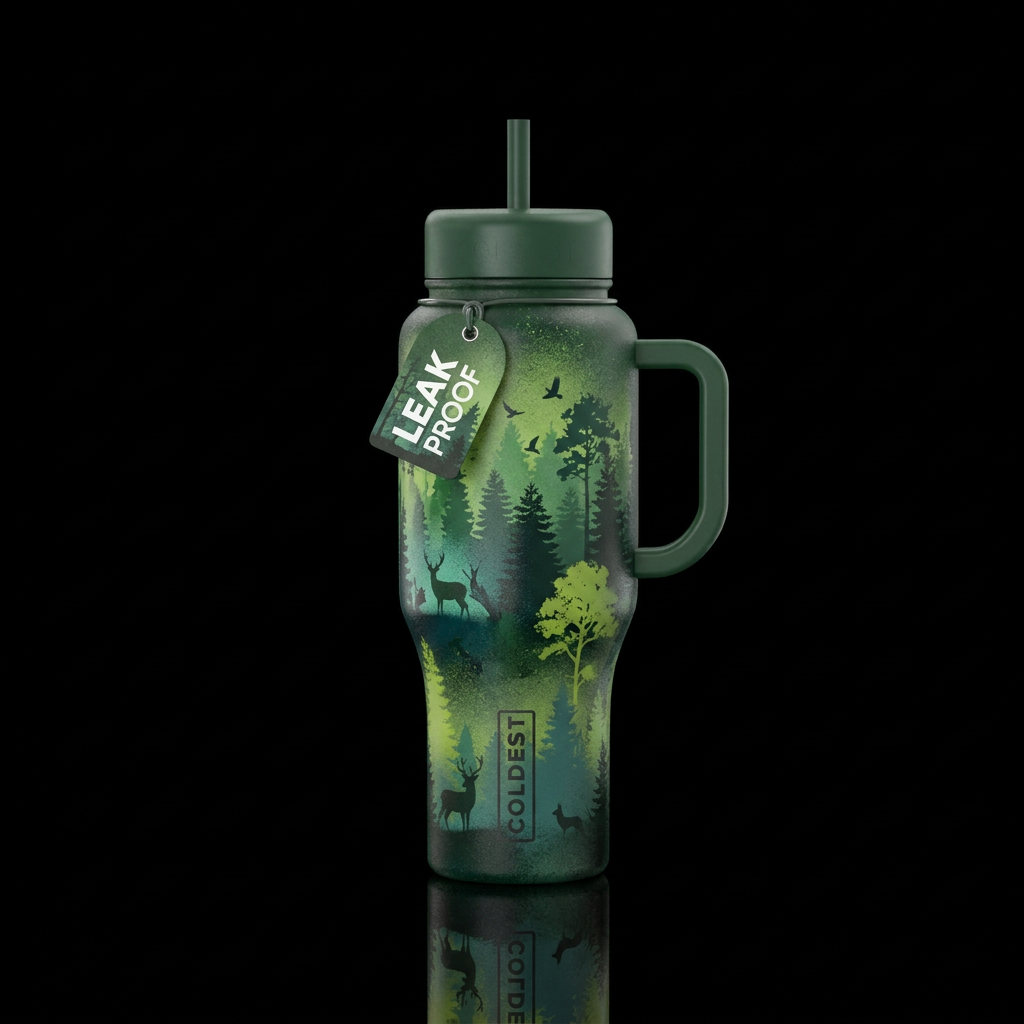 spray painted, forest water bottle design