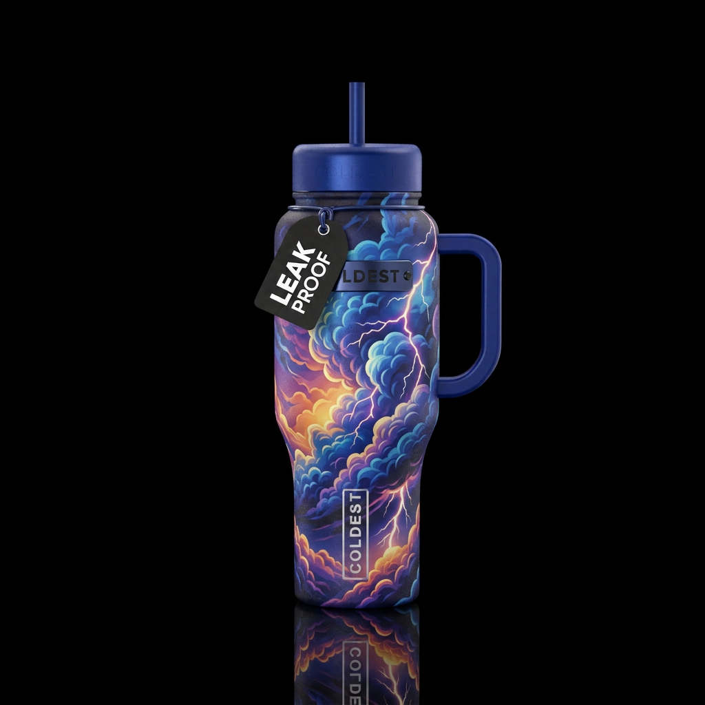 Clouds with lightening bolts water bottle design