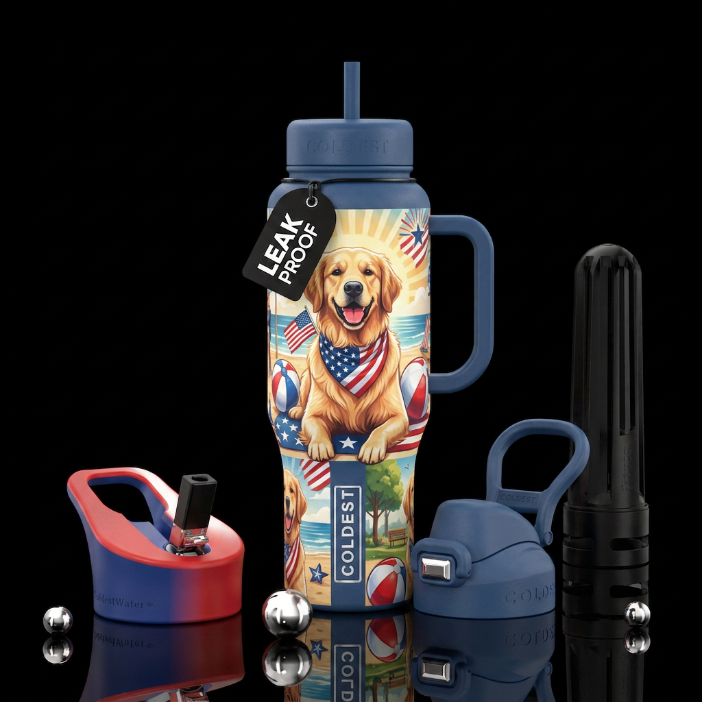 Patriotic golden retriever summer water bottle design