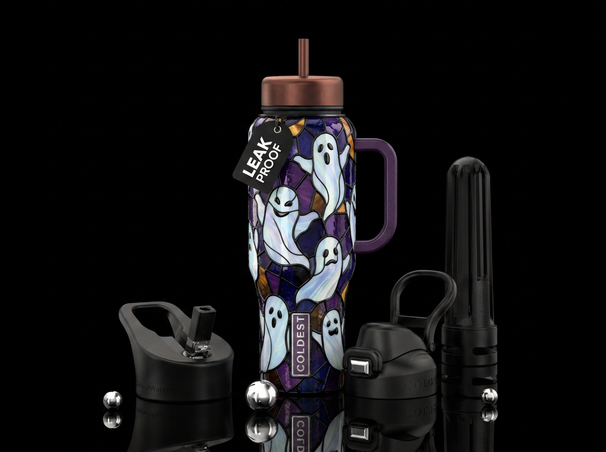 Halloween, stained glass, spooky ghosts water bottle design