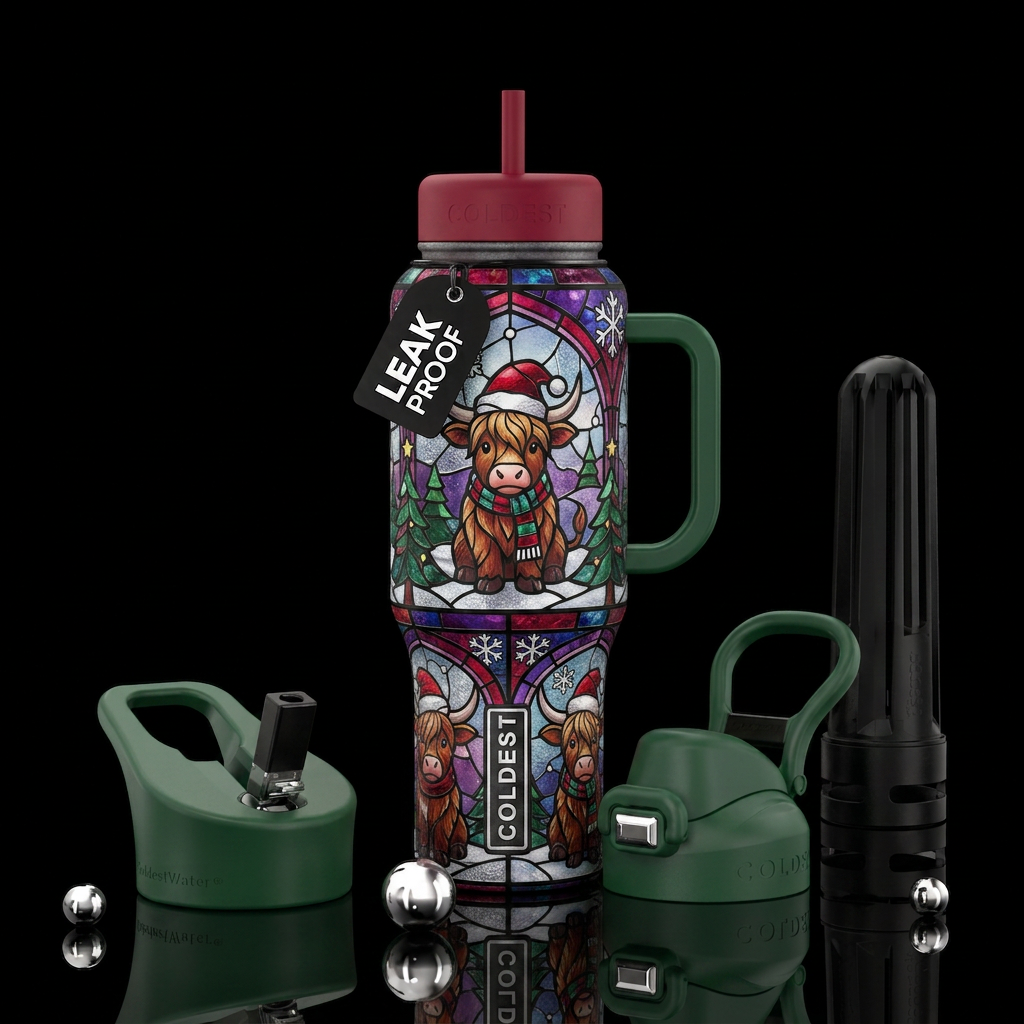 Highland cow Christmas cute stained glass snow water bottle design