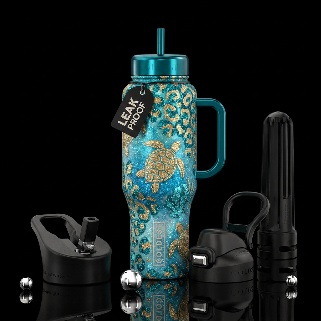 Glitter turquoise and gold leopard turtles ocean water bottle design