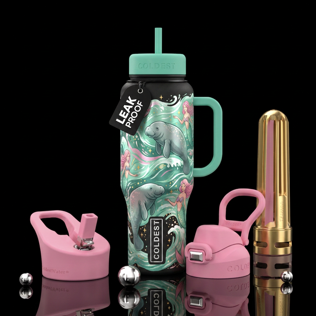 Cute manatees and mermaids sparkles and pink turqu... water bottle design