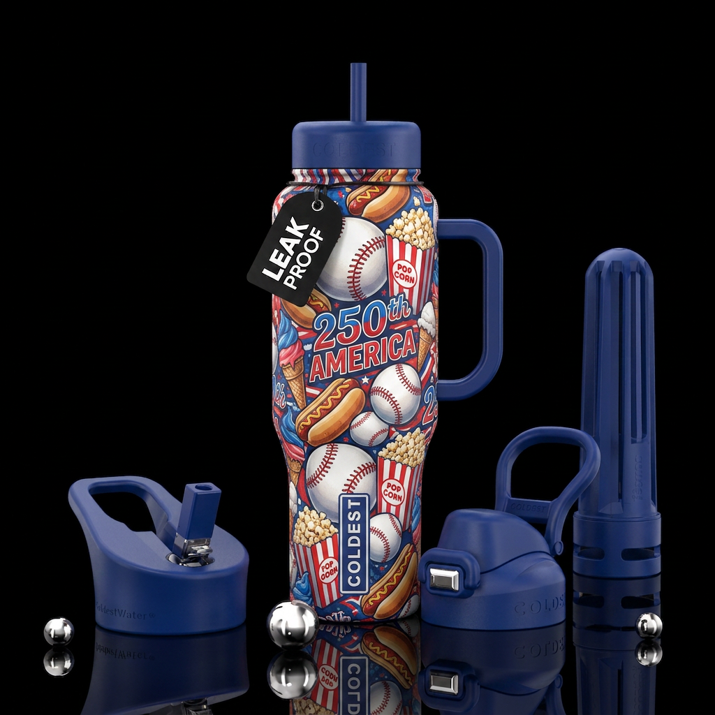 Baseball,popcorn, hot dogs, ice cream re white and... water bottle design