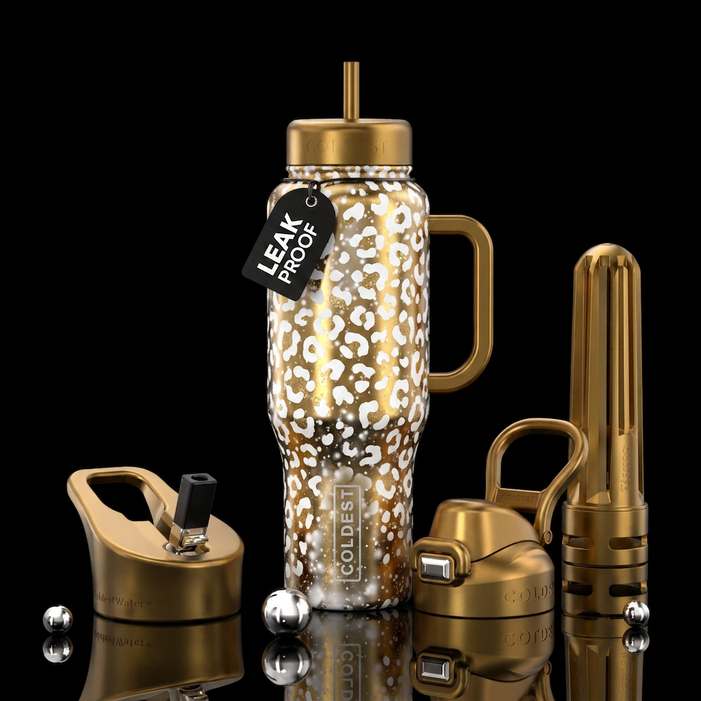 White and gold leapord print falling snow and spar... water bottle design