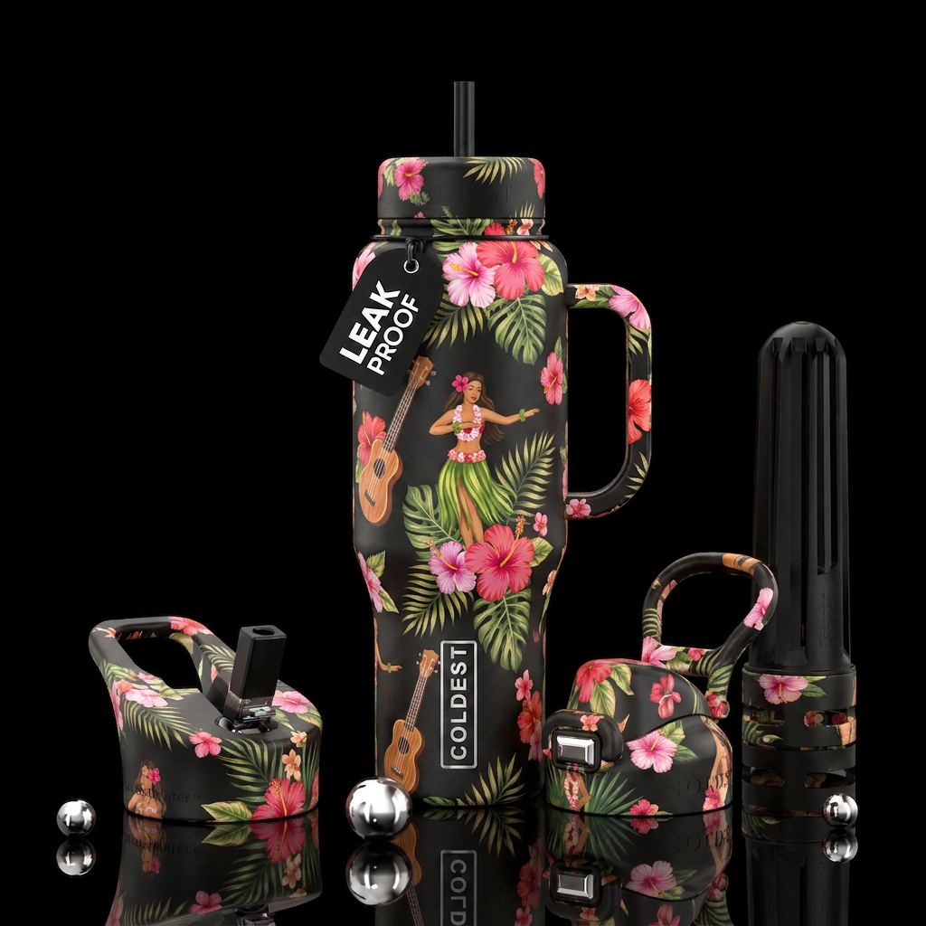 Tropical hibiscus ukulele luau hula girl water bottle design